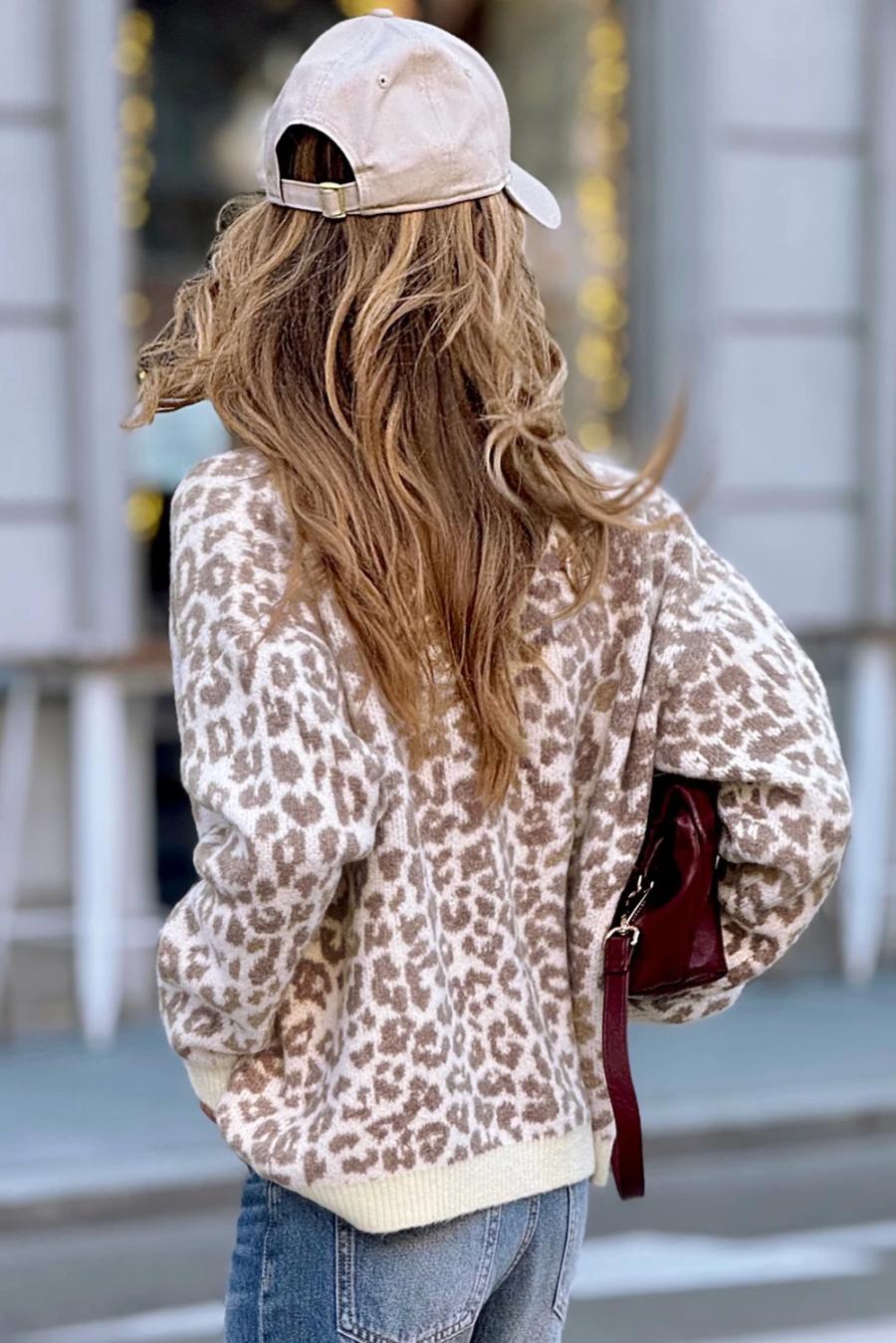 Mujer | Cárdigan De Punto Con Hombros Caídos Y Estampado De Leopardo En Color Caqui