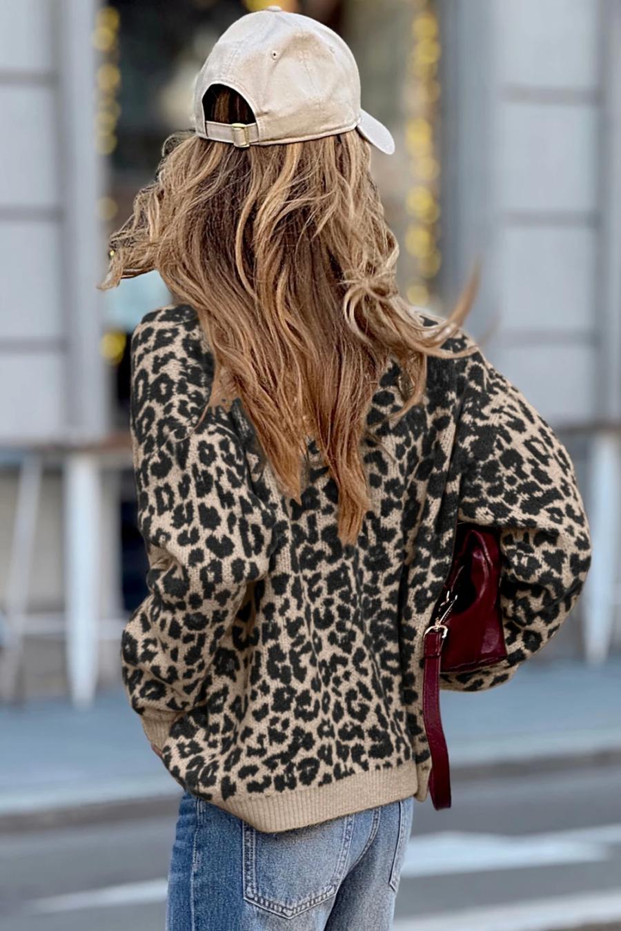 Mujer | Cárdigan De Punto Con Hombros Caídos Y Estampado De Leopardo Negro