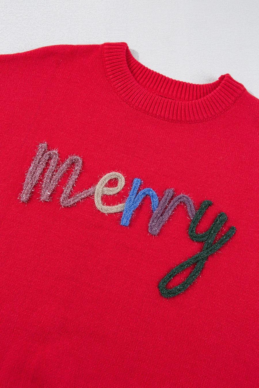 Mujer | Fiery Red Tinsel Jersey Holgado Con Hombros Caídos Y Letras Merry