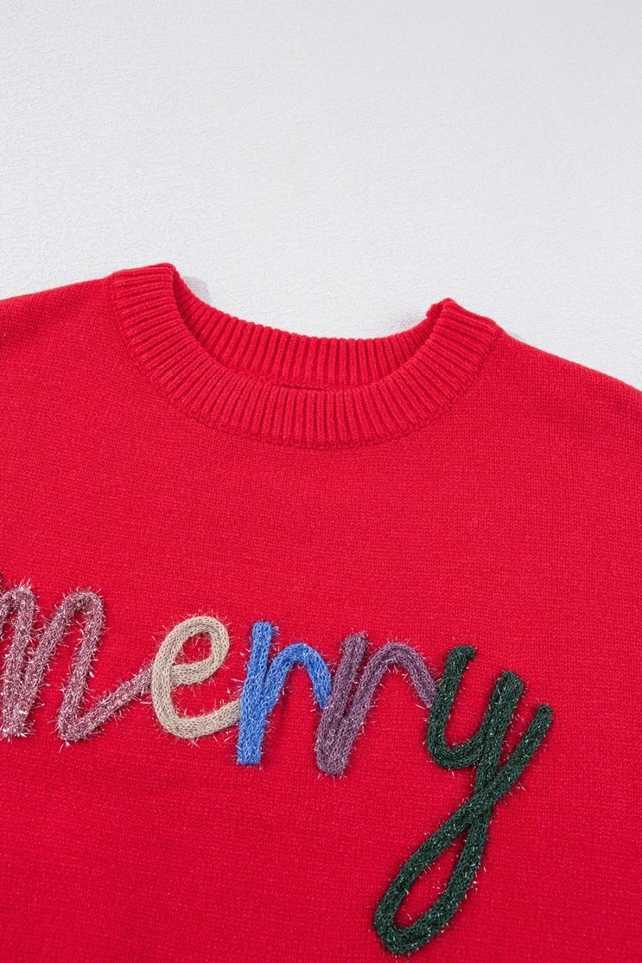 Mujer | Fiery Red Tinsel Jersey Holgado Con Hombros Caídos Y Letras Merry