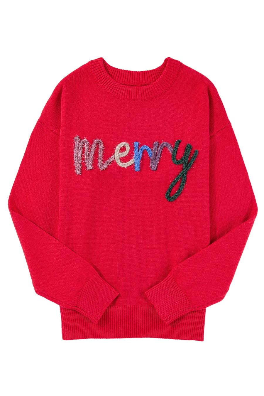 Mujer | Fiery Red Tinsel Jersey Holgado Con Hombros Caídos Y Letras Merry