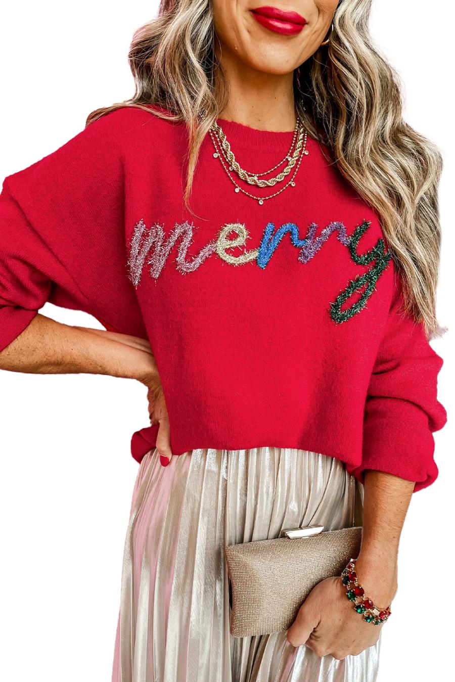 Mujer | Fiery Red Tinsel Jersey Holgado Con Hombros Caídos Y Letras Merry