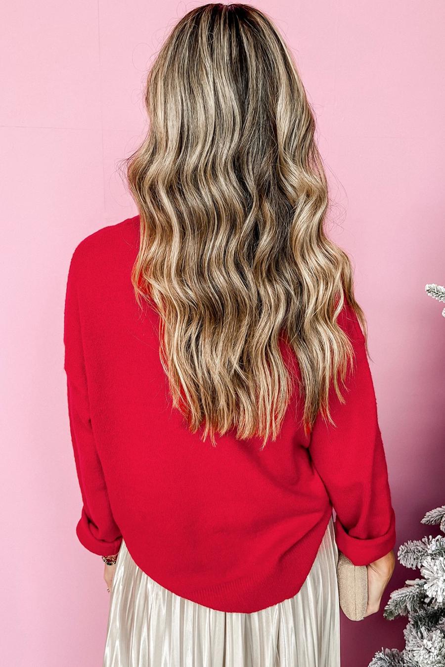 Mujer | Fiery Red Tinsel Jersey Holgado Con Hombros Caídos Y Letras Merry