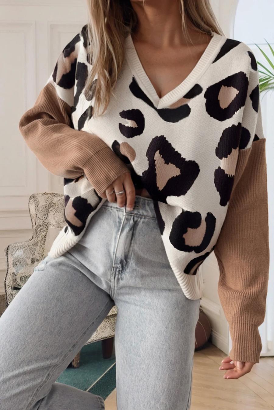 Mujer | Suéter Con Cuello En V, Mangas Patchwork, Estampado De Leopardo Y Bloques De Color Jet Stream