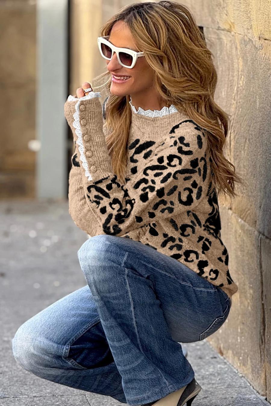 Mujer | Suéter Con Puños Abotonados, Ribete De Encaje Y Detalle Acanalado Con Estampado De Leopardo Marrón