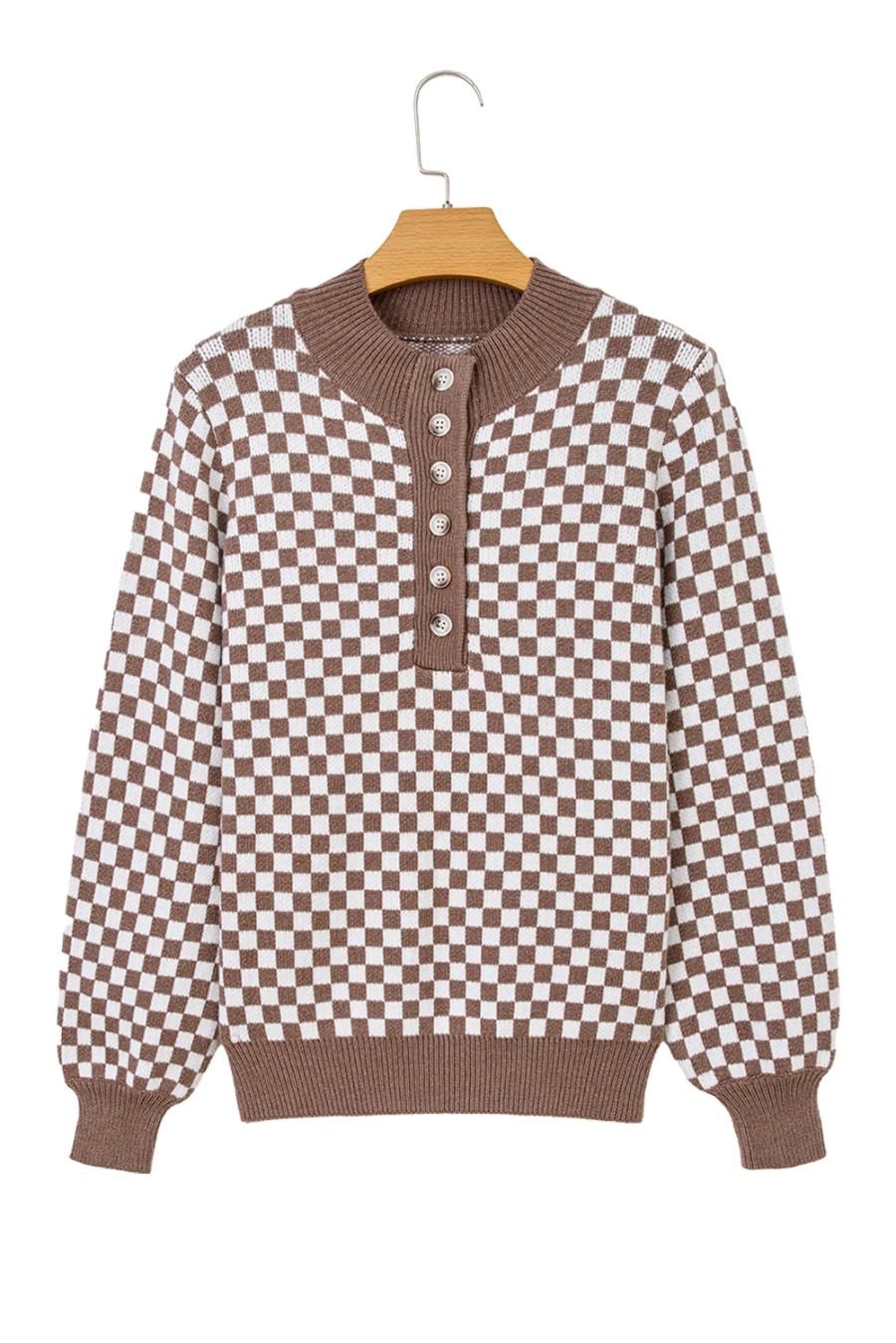 Mujer | Suéter De Cuello Abotonado Con Ribete En Contraste A Cuadros Marrón Oscuro
