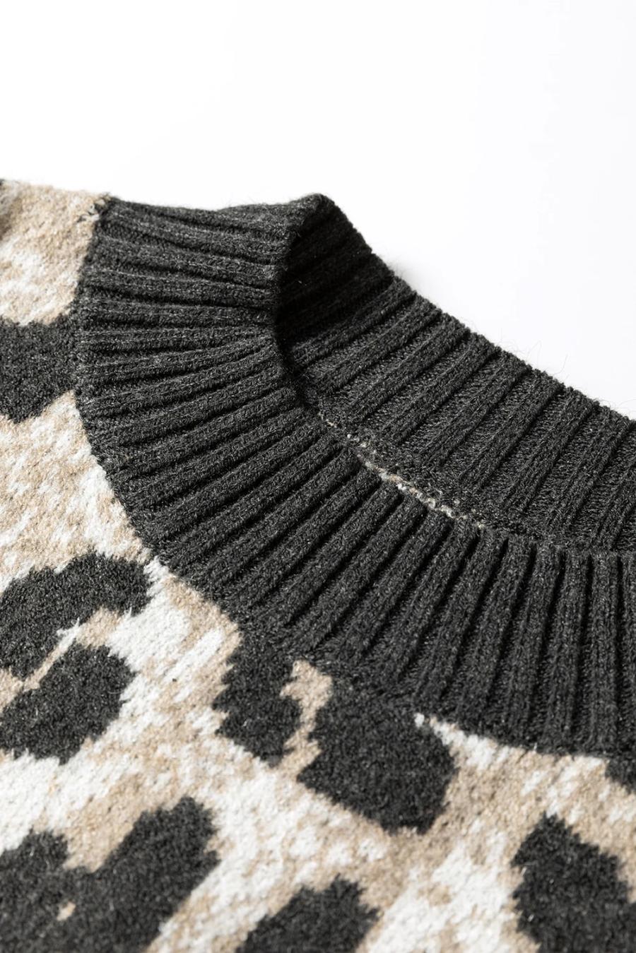 Mujer | Suéter De Cuello Redondo Con Ribete En Contraste Y Estampado De Leopardo En Gris Carbón