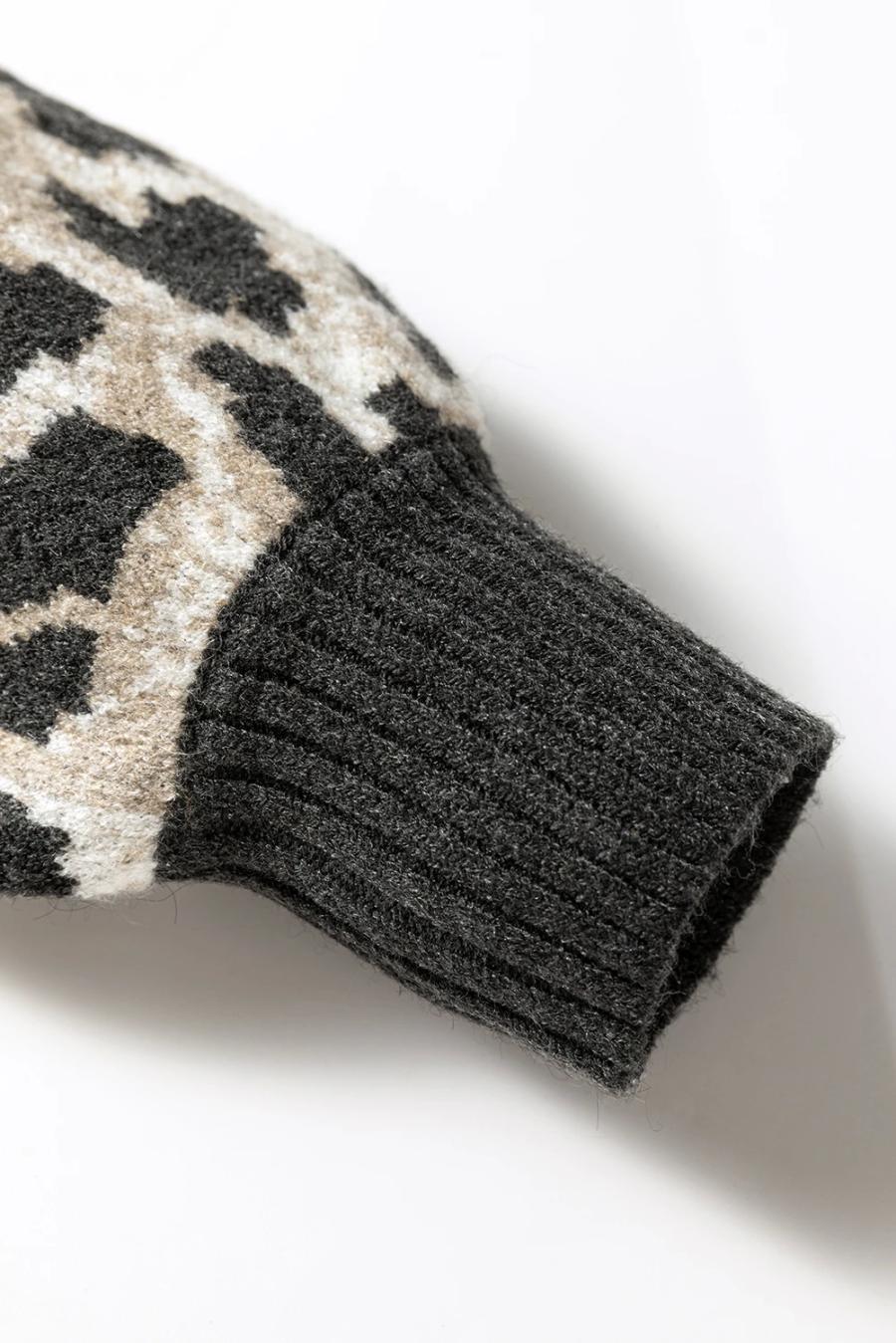 Mujer | Suéter De Cuello Redondo Con Ribete En Contraste Y Estampado De Leopardo En Gris Carbón