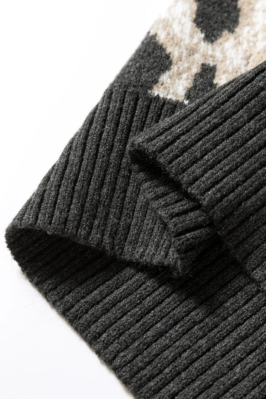 Mujer | Suéter De Cuello Redondo Con Ribete En Contraste Y Estampado De Leopardo En Gris Carbón