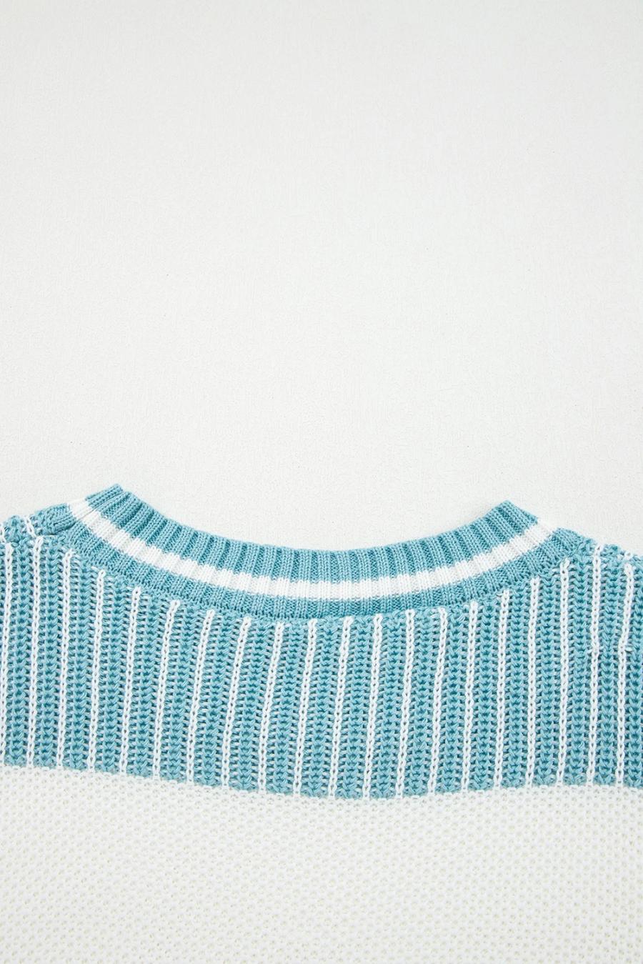 Mujer | Suéter De Patchwork Con Rayas De Dos Tonos En Azul Claro Y Hombros Caídos