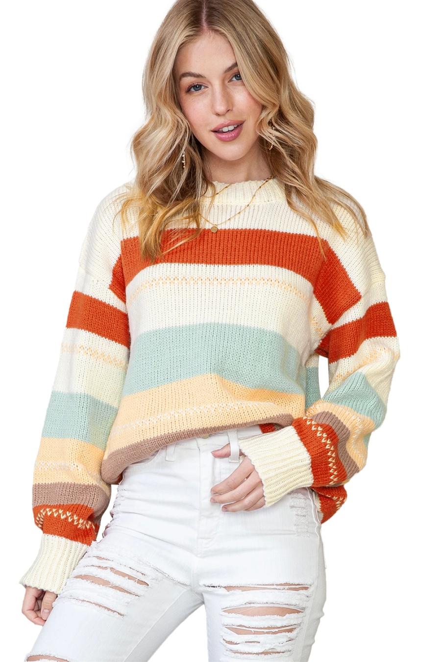 Mujer | Suéter De Punto Con Hombros Caídos Y Bloque De Color A Rayas Blancas