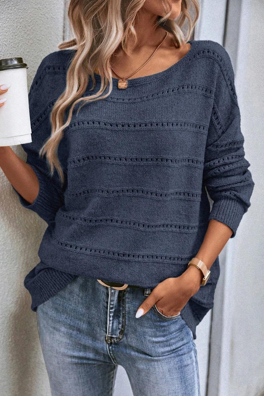 Mujer | Suéter De Punto Pointelle Con Hombros Caídos Y Cuello Barco En Color Verde Azulado Real