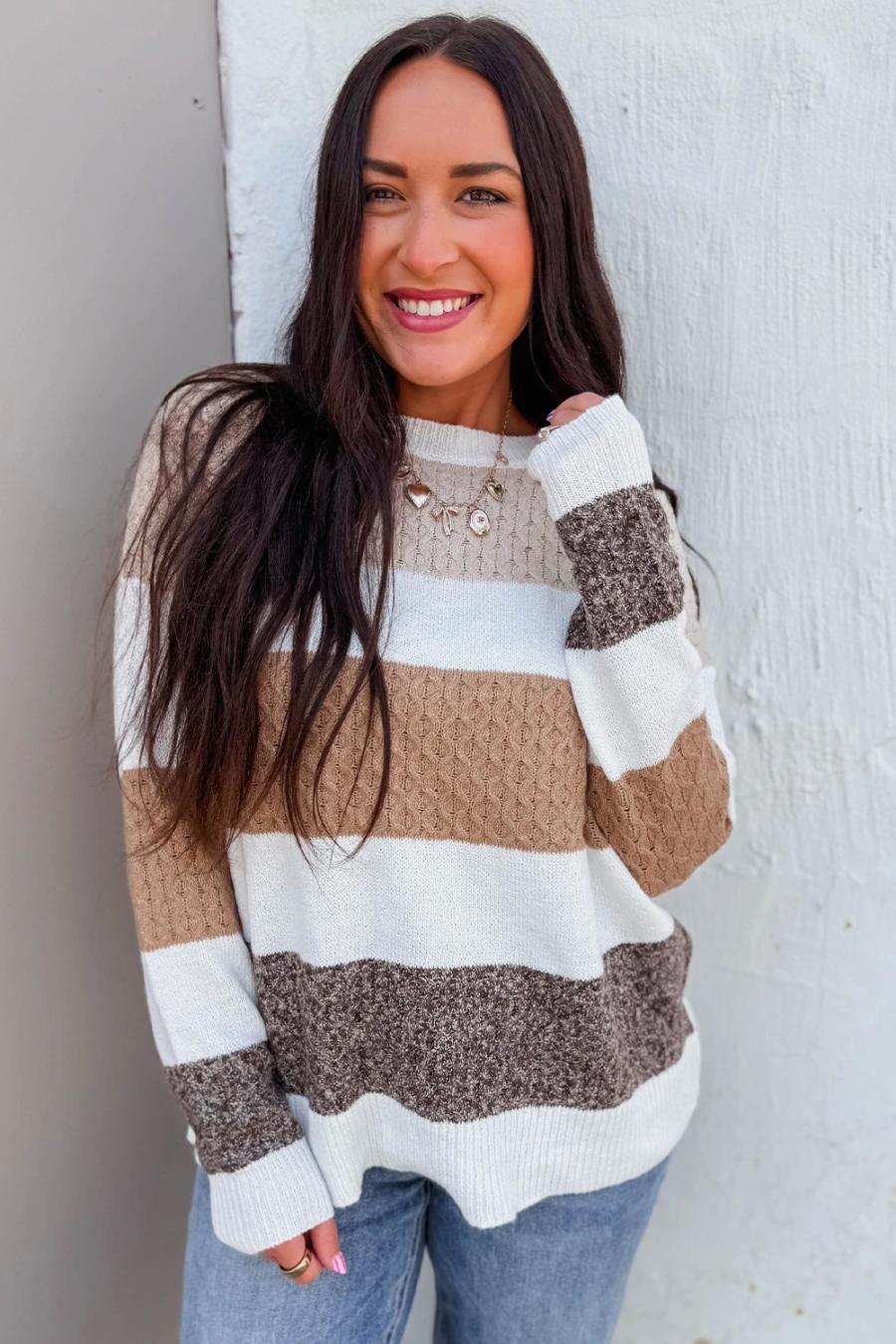 Mujer | Suéter Holgado De Punto Con Textura Mixta, Rayas Y Bloques De Color Marrón