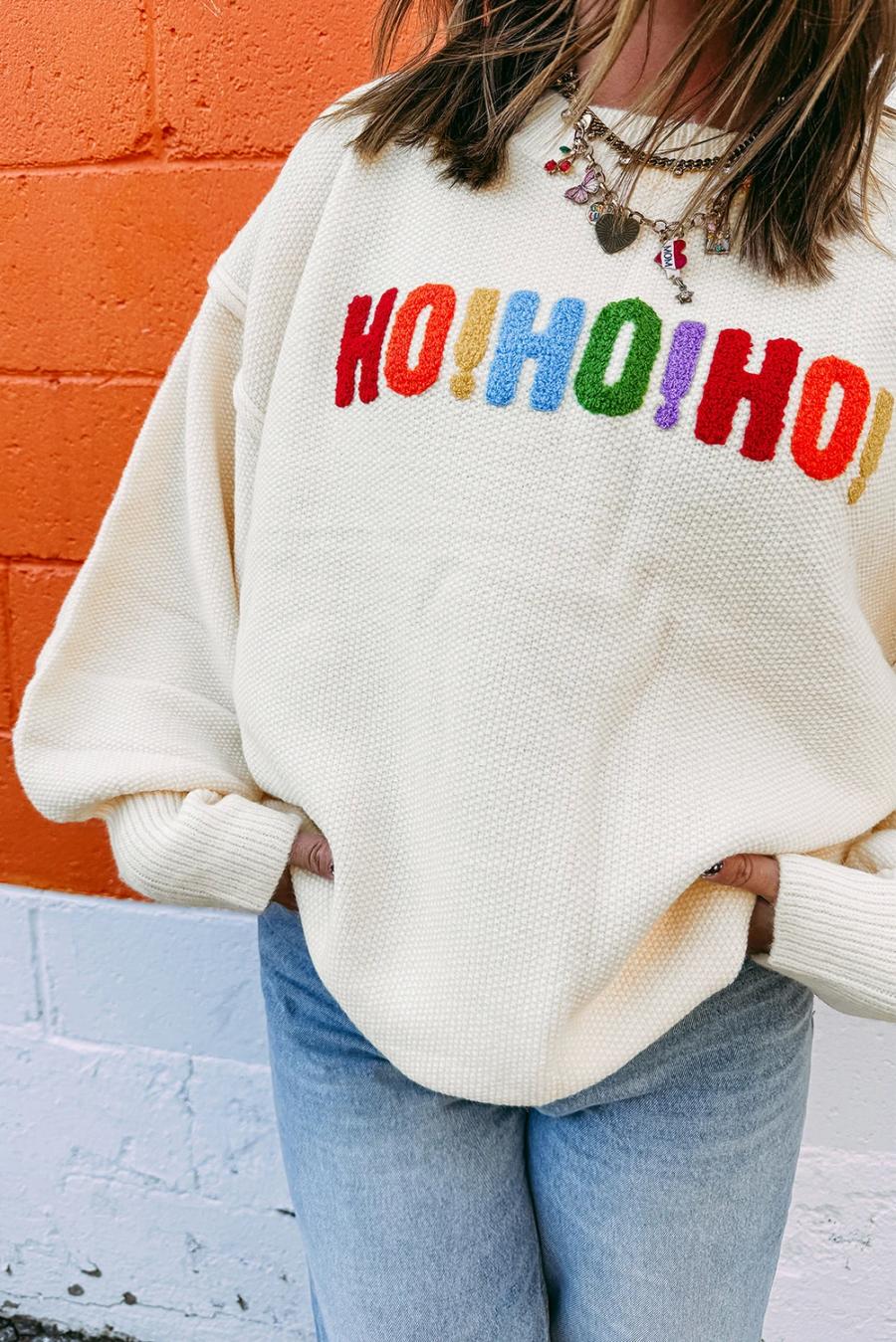 Mujer | Suéter Navideño Blanco Con Estampado De Letras De Chenilla Hohoho Merry Christmas