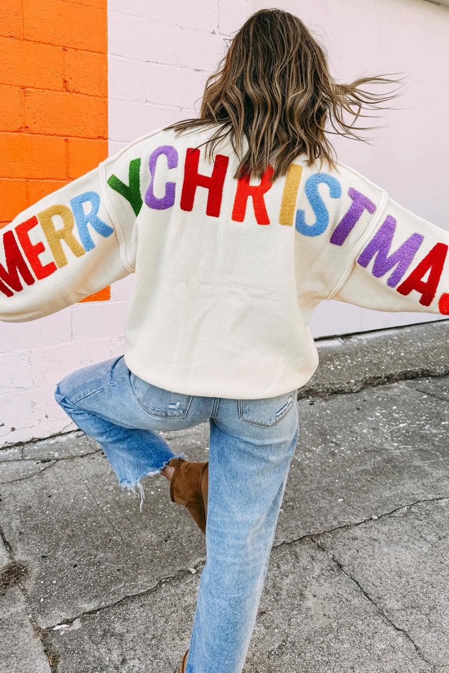 Mujer | Suéter Navideño Blanco Con Estampado De Letras De Chenilla Hohoho Merry Christmas