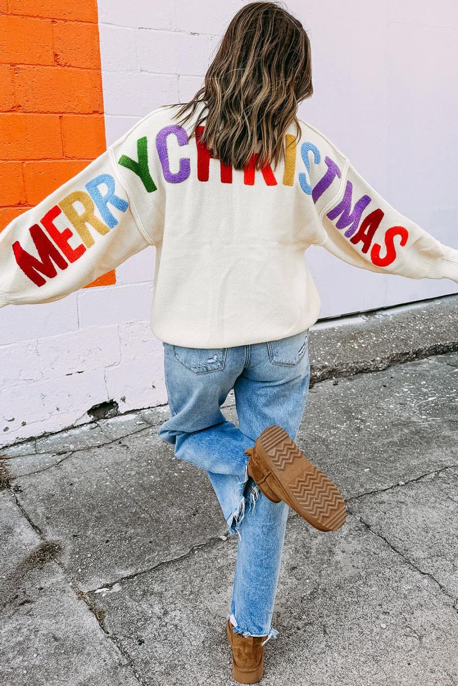 Mujer | Suéter Navideño Blanco Con Estampado De Letras De Chenilla Hohoho Merry Christmas