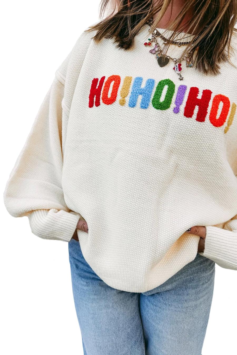 Mujer | Suéter Navideño Blanco Con Estampado De Letras De Chenilla Hohoho Merry Christmas