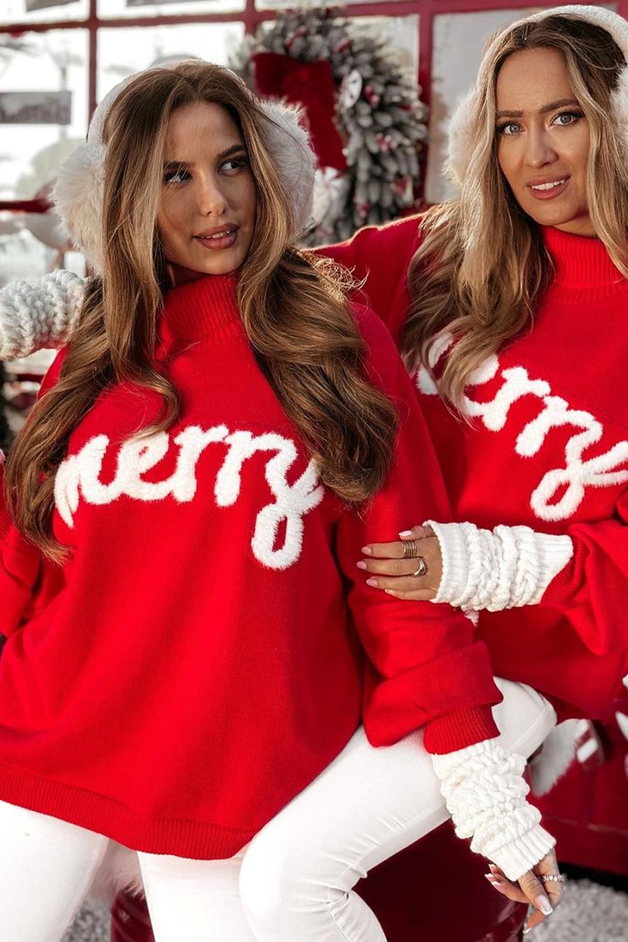 Mujer | Suéter Navideño De Cuello Alto Con Estampado De Copos De Nieve En Rojo Intenso