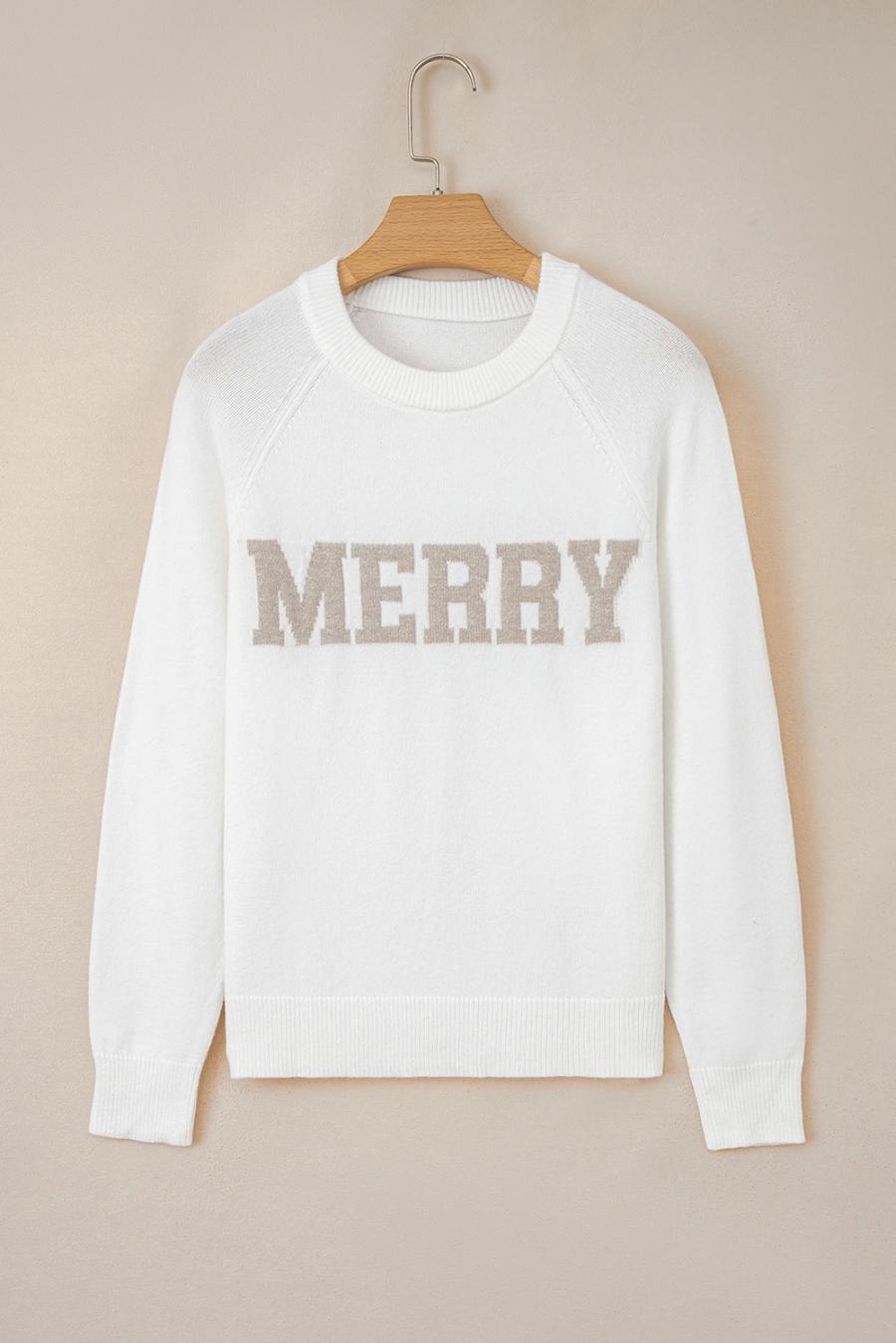 Mujer | Suéter Navideño De Manga Raglán Con Estampado De Letras Merry En Blanco