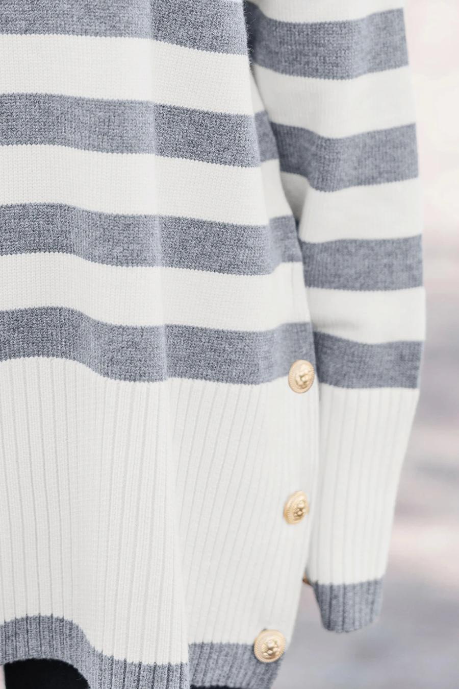 Mujer | Suéter Tipo Túnica Con Hombros Caídos, Detalle De Botones Y Canalé De Rayas Grises