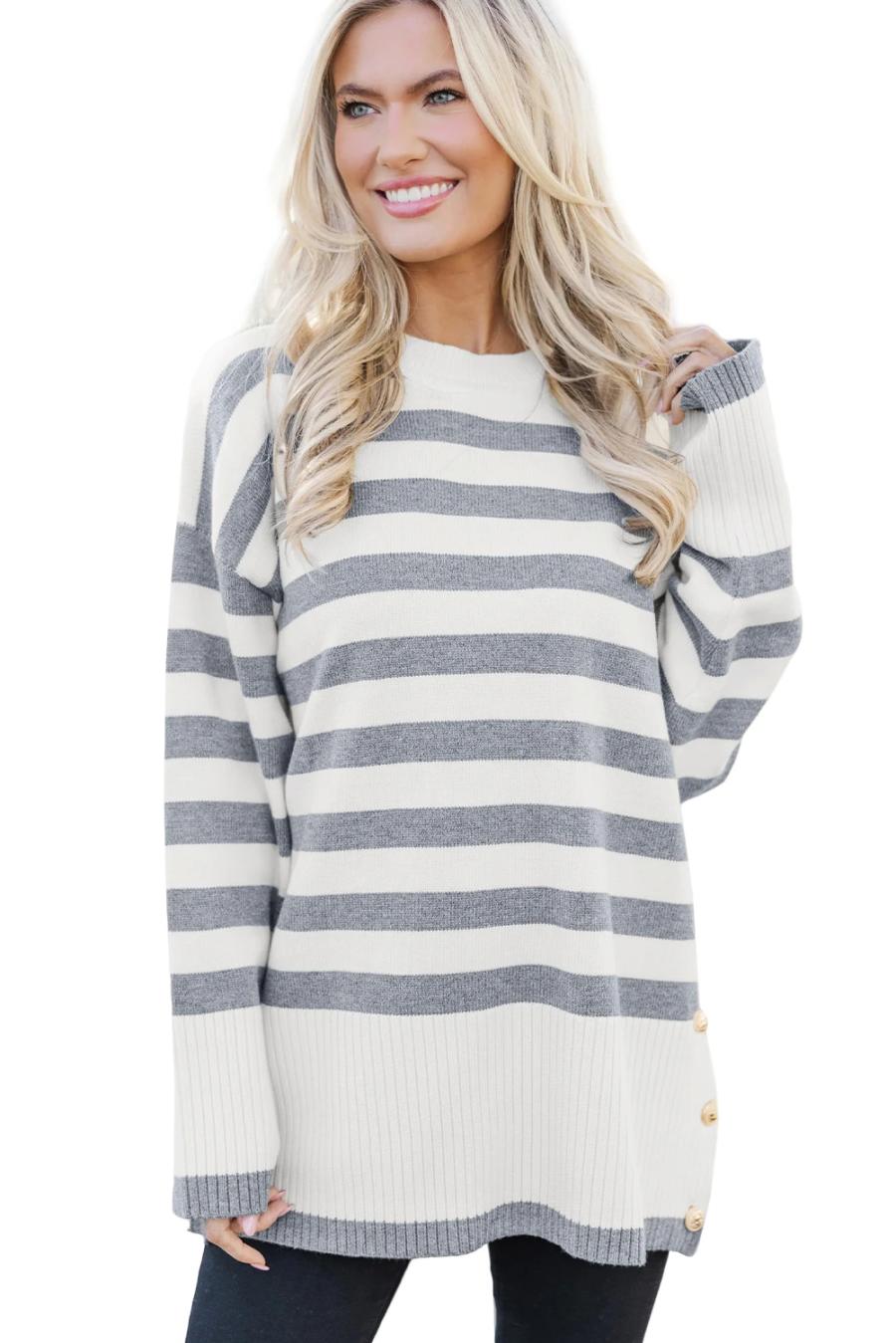 Mujer | Suéter Tipo Túnica Con Hombros Caídos, Detalle De Botones Y Canalé De Rayas Grises