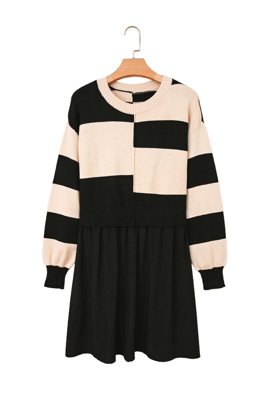 Mujer | Vestido Tipo Suéter De Punto Dos En Uno Con Cintura Alta Y Dobladillo Empalmado A Rayas Negras